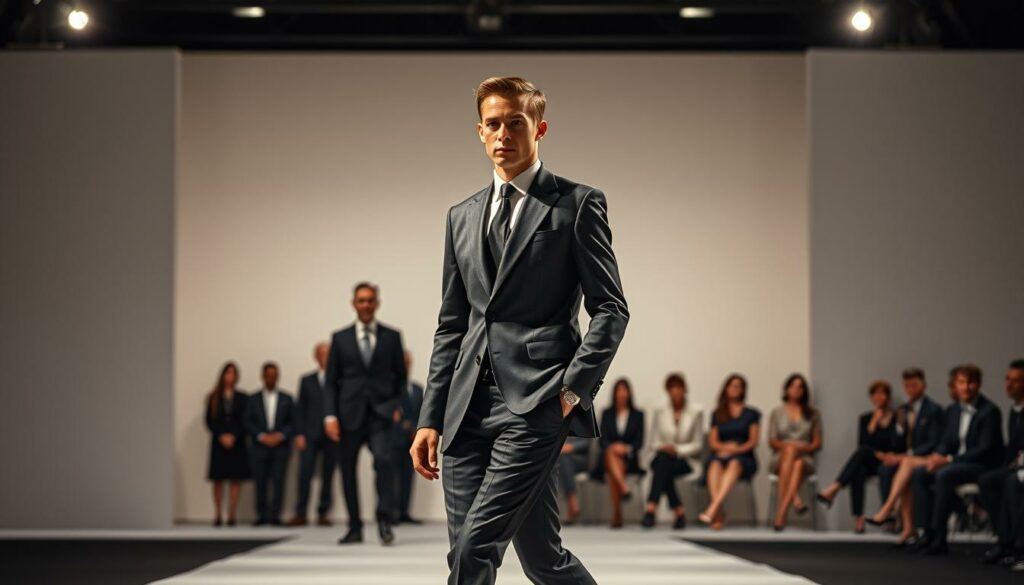 A high-fashion runway showcasing the groundbreaking men's fashion revolution. In the foreground, a sophisticated male model strides confidently down the catwalk, wearing a bespoke Giorgio Armani suit with impeccable tailoring and a modern, minimalist silhouette. The lighting is dramatic, casting deep shadows and highlighting the sharp lines of the garment. In the middle ground, a row of fashion industry elites observe the display, their expressions a mix of awe and admiration. The background is a sleek, minimalist stage, with clean lines and a muted color palette that allows the clothing to take center stage. The overall scene conveys a sense of elegance, innovation, and the power of Armani's vision to transform the traditional boundaries of men's fashion.