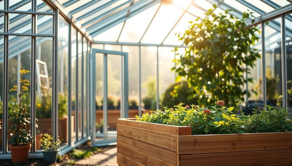 A high-quality, sturdy greenhouse frame constructed with strong, durable aluminum profiles, gleaming in the soft, natural light. Transparent, tempered glass panels are expertly fitted, allowing ample sunlight to filter in, creating an ideal environment for thriving plants. In the foreground, a raised garden bed made of weather-resistant cedar wood stands out, its rich, warm tones complementing the greenhouse's modern aesthetic. The scene exudes a sense of quality, functionality, and attention to detail, perfectly capturing the essence of "Gewächshäuser und Hochbeete von Vitavia: Qualität und Funktionalität".