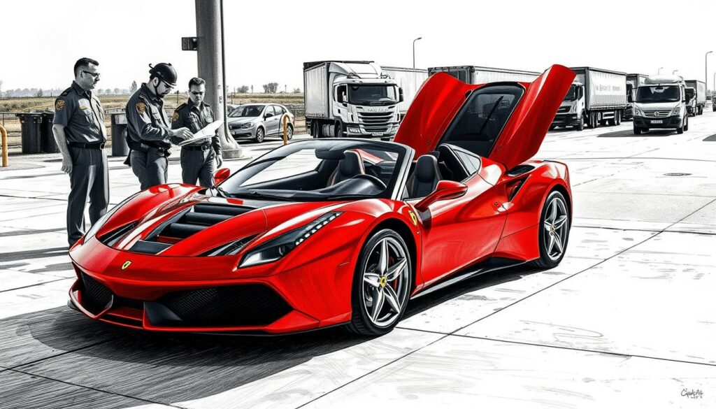 A high-resolution, photorealistic image of a Ferrari sports car being inspected by customs officials at a border crossing. In the foreground, the sleek red Ferrari is parked on a concrete surface, its engine bay open as the officials scrutinize its components. In the middle ground, uniformed customs agents examine documents and discuss the vehicle's details. In the background, other cars and trucks line up at the checkpoint, creating a sense of a bustling international border crossing. The scene is illuminated by harsh, directional lighting, casting dramatic shadows and highlighting the intricate details of the Ferrari's design. The overall tone is one of official tension and administrative scrutiny, reflecting the seriousness of the customs inspection process.