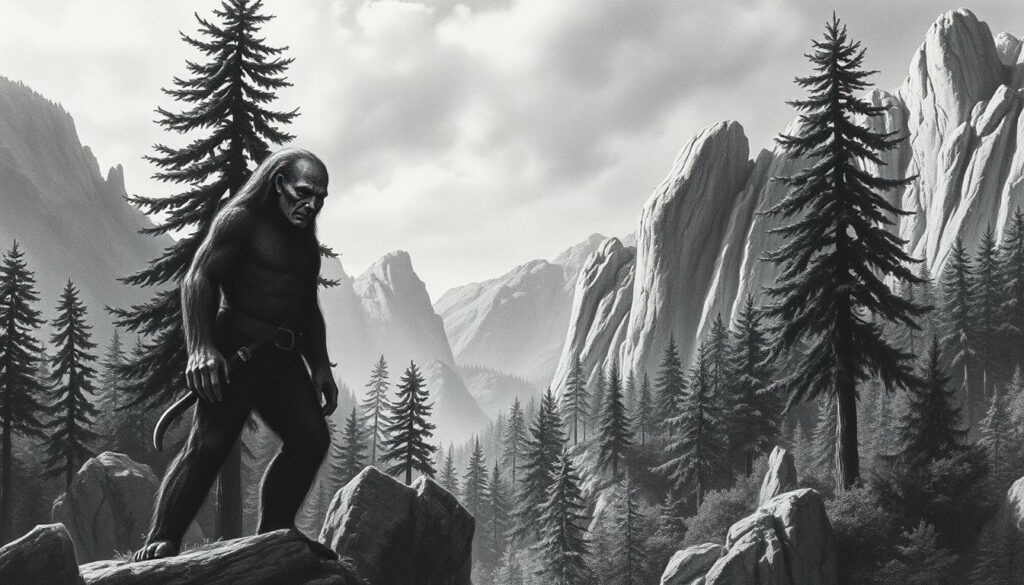 A historical depiction of the Berggeist, a mythical figure from the Riesengebirge mountains. In the foreground, the Berggeist stands tall, its stony features etched in a pensive expression. Surrounding it, lush forest landscapes with towering pine trees and rocky outcroppings, rendered in a striking black and white palette with subtle flashes of color. The lighting is dramatic, casting deep shadows and highlighting the rugged terrain. The overall atmosphere evokes a sense of ancient mystery and the supernatural, befitting the legendary guardian of the Riesengebirge.
