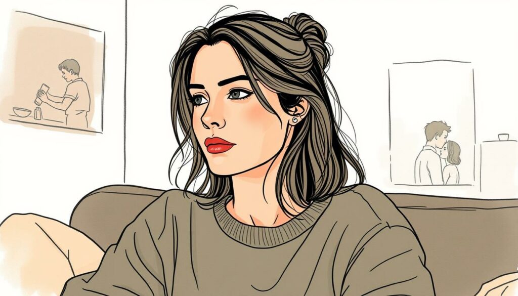 A intimate yet stylized portrait of German influencer Caro Daur, captured in a soft, hand-drawn illustration style. The foreground features Daur in a relaxed, casual pose, her expression contemplative as she gazes off-frame. Muted, earthy tones create a warm, cozy atmosphere, while strategic pops of color - perhaps in her clothing or the background elements - add visual interest and vibrancy. The mid-ground depicts subtle, dreamlike details hinting at Daur's private life and relationships, while the background maintains an impressionistic, almost ethereal quality, evoking a sense of mystery and introspection. The overall aesthetic is one of artful intimacy, reflecting the nuances of Daur's public persona and her lesser-known personal world.