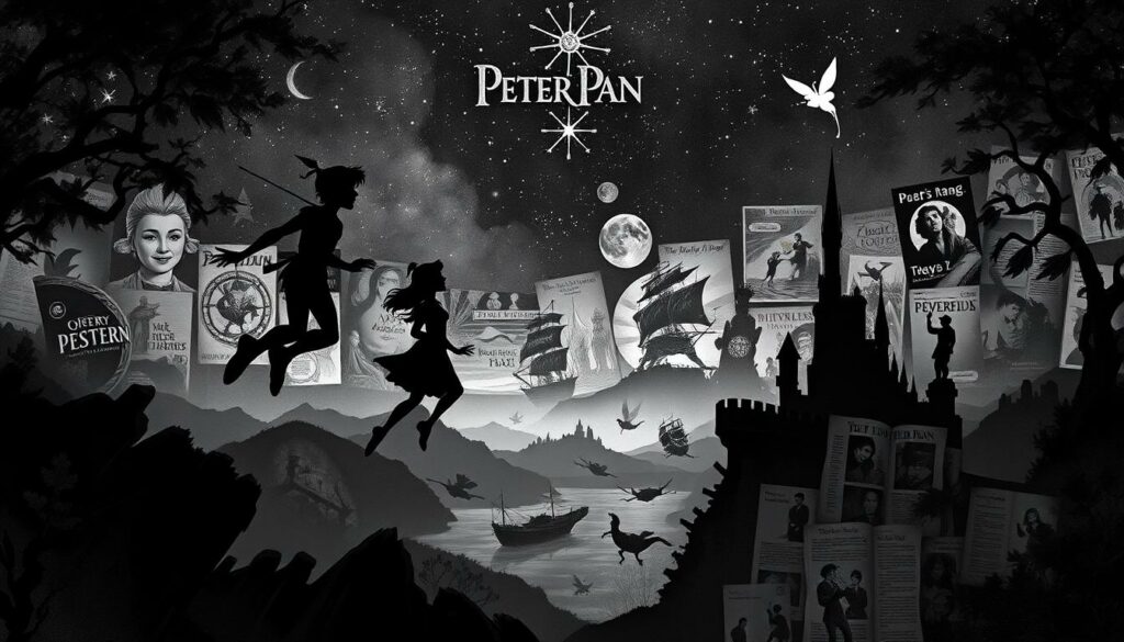 A lush, monochromatic landscape depicting the timeless tales of Peter Pan across various media adaptations. In the foreground, the silhouetted figures of Peter, Wendy, and the Lost Boys soar through the night sky, their forms rendered in striking black and white with hints of vibrant color. In the middle ground, iconic scenes unfold - Neverland's towering pirate ships, the treacherous crocodile, and the enchanted fairy Tinkerbell. The background blends a collage of vintage book covers, movie posters, and comic book panels, creating a rich tapestry of Peter Pan's enduring legacy. The overall scene is bathed in a moody, atmospheric lighting, casting dramatic shadows and imbuing the image with a sense of timeless wonder.