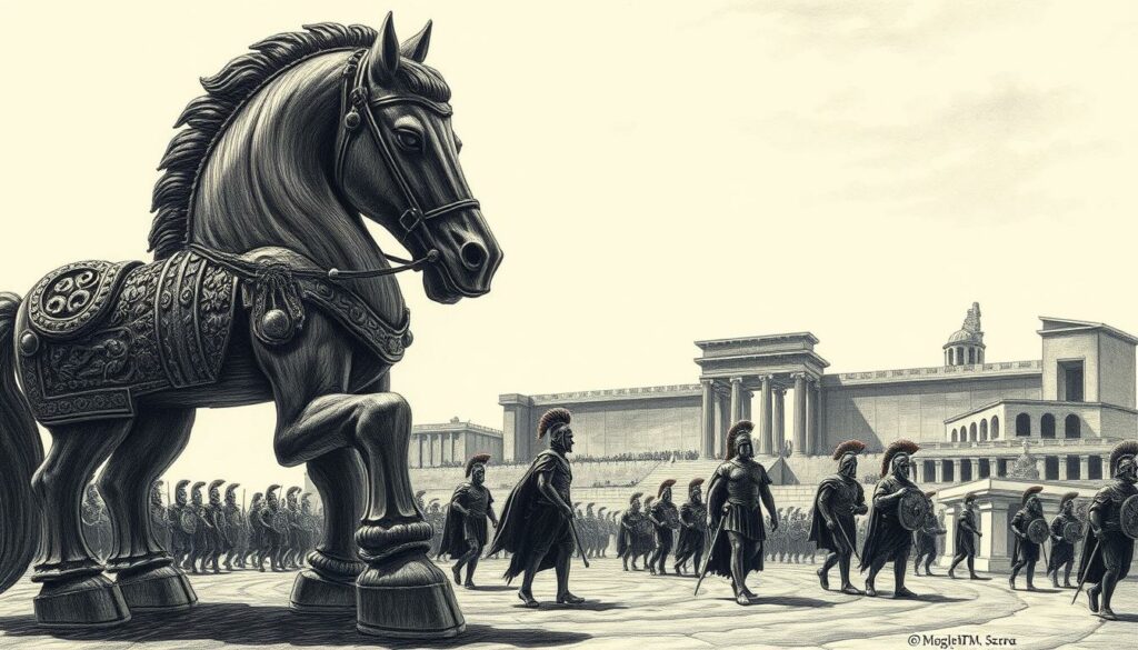 A massive, ornate wooden horse stands in the foreground, its intricate carvings casting deep shadows. In the middle ground, Greek soldiers emerge cautiously from the horse's hollow belly, their bronze armor gleaming in the soft light. The city of Troy looms in the background, its towering walls and imposing gates a testament to its former strength. The scene is rendered in a striking black and white palette, with only the occasional flash of color - the red of a soldier's plume, the gold of a decorative flourish. The mood is tense, the air thick with the anticipation of the Greeks' deception and the impending downfall of Troy.