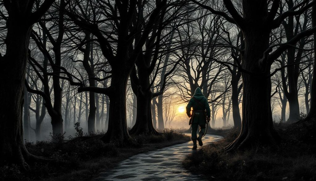 A medieval forest at dusk, Sherwood's canopy casting deep shadows over a winding path. A lone figure in a green hood strides purposefully, bow in hand, the setting sun glinting off the silver arrow tips at his belt. Mist swirls around the gnarled tree trunks, lending an air of mystery. In the distance, the faint sounds of a lute and a voice raised in a haunting ballad - tales of this outlaw's exploits, Robin Hood, the noble robber of the people. The scene rendered in a stark black and white palette with touches of autumnal orange and gold, evoking the timeless quality of medieval illustration.
