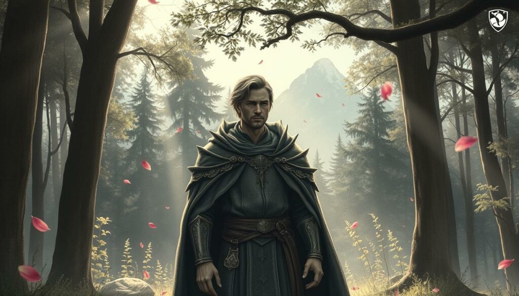 A medieval forest glade, sunlight filtering through the canopy, where the tragic figure of King Laurin stands, adorned in a shimmering Tarnkappe (magic cloak) and Zaubergürtel (enchanted belt). Laurin's brow is creased with sorrow, his regal bearing tinged with melancholy as he surveys the Rosengarten, the cursed realm he once ruled. Delicate rose petals drift on the gentle breeze, adding pops of color to the otherwise monochromatic scene. The Dolomite peaks loom in the distance, a constant reminder of Laurin's tragic fate. Rendered in moody, atmospheric tones of graphite, with subtle highlights of crimson, gold, and emerald, capturing the bittersweet essence of this legendary hero.