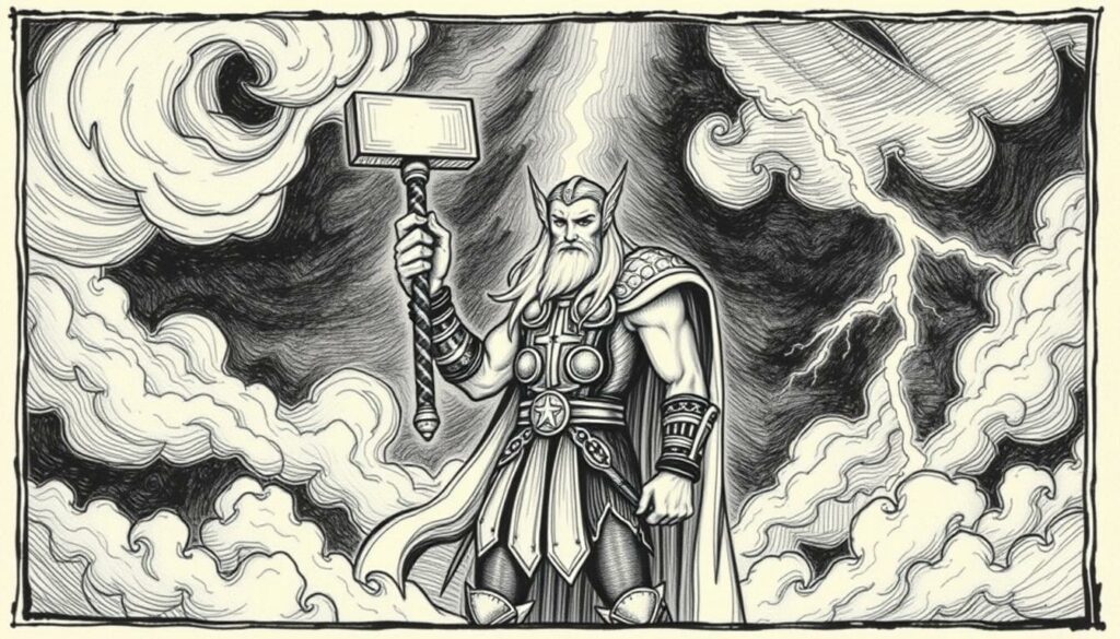 A medieval manuscript page featuring Thor, the mighty Norse god of thunder, wielding his legendary hammer Mjolnir. In the center, Thor stands tall and imposing, his long blonde hair and beard billowing in the wind. His muscular figure is adorned in detailed armor and a flowing cape. The background depicts a dramatic storm, with swirling clouds, lightning bolts, and a brooding, monochrome sky. Subtle pops of color highlight the gleam of Thor's hammer and the intricate patterns of his garments. The entire scene is rendered in a delicate, pen-and-ink style, evoking the aesthetic of a medieval illuminated manuscript.