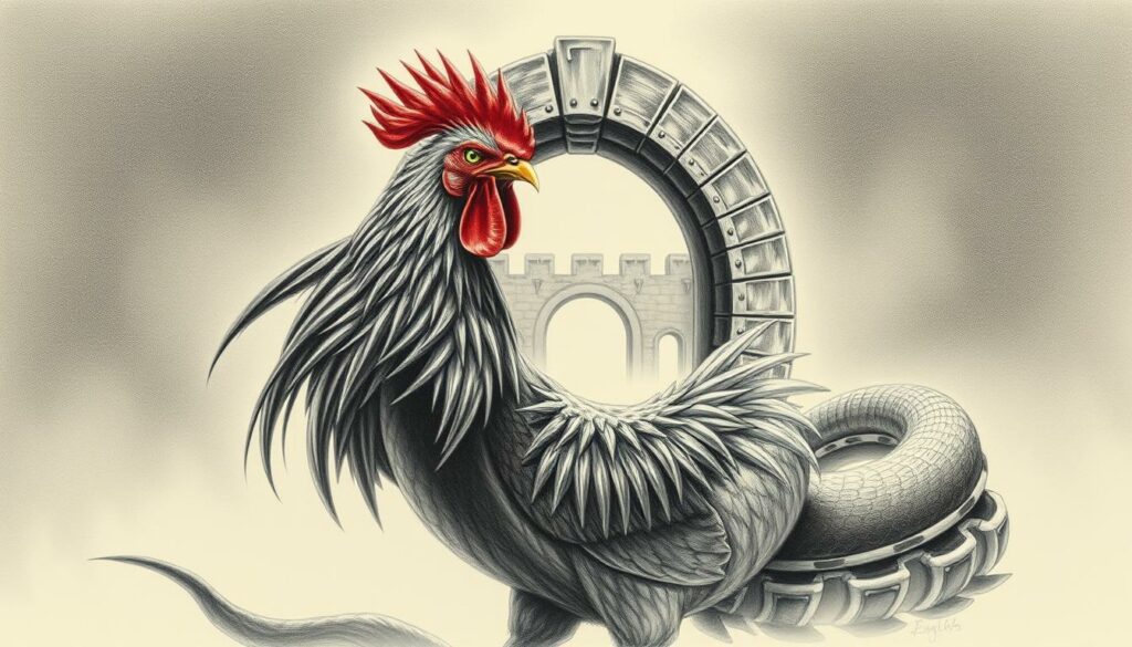 A medieval rooster with a serpentine body stands proudly, its feathers gleaming in shades of graphite and ivory. Its reptilian form coils around the foreground, casting a menacing shadow. The creature's gaze is intense, its eyes flashing with a hint of emerald. In the middle ground, a weathered stone archway frames the scene, hinting at an ancient, mysterious setting. The background is bathed in soft, diffused light, creating an atmospheric and foreboding tone. Subtle splashes of color, like the crimson of the rooster's comb or the golden shimmer of its beak, add depth and visual interest to this otherworldly, pencil-drawn vision.