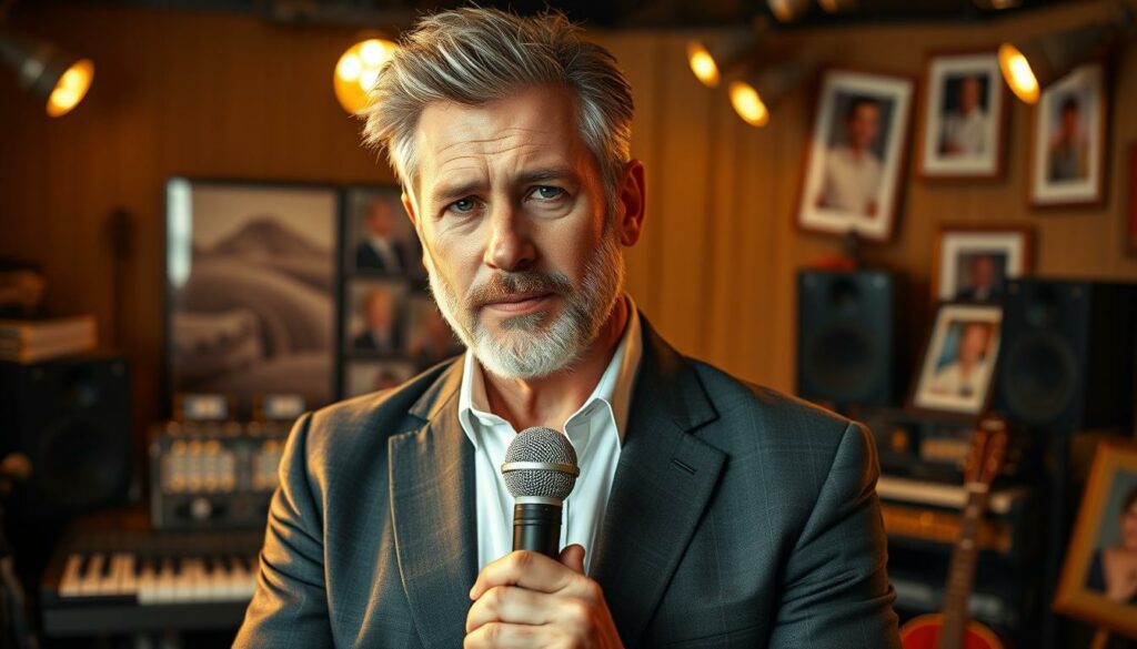 A middle-aged man with a rugged yet handsome appearance stands confidently in a well-lit studio, microphone in hand. He is dressed in a sharp, tailored suit, his salt-and-pepper hair neatly styled. The background features a mix of musical instruments, recording equipment, and family photographs, hinting at his dual passions for music and family life. Warm, golden lighting casts a subtle glow, creating a sense of depth and warmth. The composition emphasizes the subject's poise and thoughtful expression, capturing the essence of his multifaceted career and personal journey.