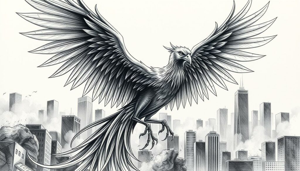 A modern phoenix in black and white, with splashes of color. Graceful wings unfurling, feathers shimmering with an inner glow. The mythical bird's piercing gaze surveys a world in flux, rising from the ashes of the past. Intricate linework and delicate shadows define its form, a blend of traditional and contemporary aesthetics. In the background, a hazy cityscape, skyscrapers reaching towards the heavens, suggesting the phoenix's enduring presence in the modern age. Dramatic lighting casts dramatic shadows, creating a sense of power and transformation. An image of resilience, change, and the eternal cycle of life.