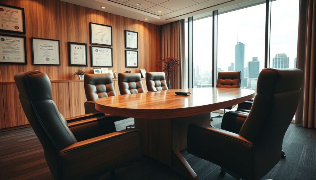 A modern, professional-looking office interior with an elegant oak conference table and plush leather chairs. The room is bathed in warm, soft lighting, creating a cozy and inviting atmosphere. On the walls, diplomas and certifications are displayed, suggesting the expertise and credibility of the "Consultingbüros Beratung" service. A large window offers a view of a bustling urban skyline, symbolizing the connection to the wider business community. The scene conveys a sense of trustworthiness, sophistication, and the promise of reliable guidance and support.