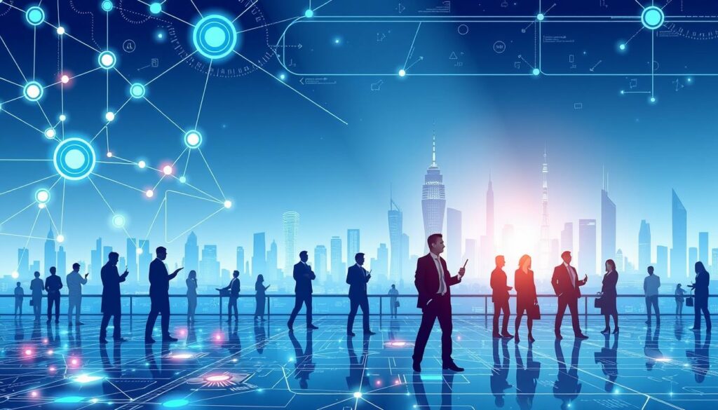 A modern, sleek network marketing system depicted as a stylized technological landscape. In the foreground, a digital interface with interconnected nodes and pulsing data flows, representing the core of the network marketing infrastructure. In the middle ground, silhouetted figures engaged in various sales and recruitment activities, conveying the human element of the system. In the background, a cityscape of towering skyscrapers and futuristic architecture, symbolizing the scale and ambition of the network marketing model. The lighting is cool and blue-toned, lending an air of professionalism and authority. The overall composition suggests a complex, high-tech system with both human and technological components.