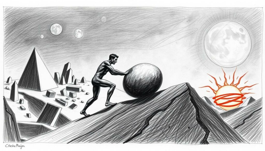 A modernist interpretation of the Sisyphus myth, depicted in a stark black and white drawing with selective colorful accents. In the foreground, a solitary figure pushes a heavy boulder up a steep incline, their muscular form rendered in dramatic chiaroscuro. The middle ground features a surreal, geometric landscape of angular structures and abstract shapes, hinting at the existential nature of Sisyphus' endless task. In the background, subtle pops of color - perhaps a fiery sky or a glimpse of the underworld - suggest the cosmic forces that condemn Sisyphus to his eternal punishment. The overall mood is one of grim determination, philosophical depth, and the struggle of the individual against forces beyond their control.