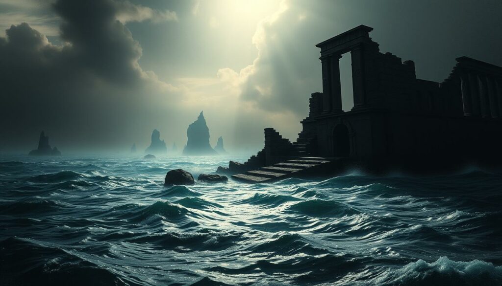 A moody, atmospheric landscape depicting the elusive Atlantis, its ruined remnants half-submerged in a roiling sea. Dramatic chiaroscuro lighting casts long shadows, accentuating the crumbling architecture and weathered stonework. Shafts of color - a flash of turquoise, a glint of gold - punctuate the otherwise monochromatic scene, hinting at the lost civilization's former splendor. In the distance, ghostly landmasses rise from the depths, outlining the various hypothetical locations proposed by researchers throughout history. The overall composition conveys a sense of mystery, melancholy, and the persistent allure of this legendary sunken city.