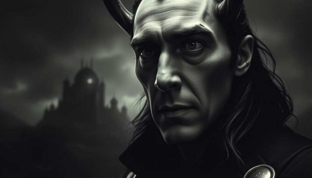 A moody, cinematic portrait of the Marvel Cinematic Universe's Loki, the trickster god from Norse mythology. In the foreground, a close-up of Loki's striking features, his piercing gaze and mischievous expression rendered in high contrast black and white. Behind him, faint color accents hint at the fantastical world of Asgard, with a shadowy, dreamlike landscape in the background. The lighting is dramatic, creating a sense of mystique and intrigue around this iconic character as he navigates the modern media landscape.
