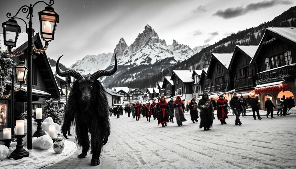 A mountainous winter scene in the South Tyrol region, showcasing the vibrant Krampus celebrations. In the foreground, a mischievous Krampus creature, adorned in a shaggy black costume and horned mask, stalks through a village square. Candlelit lanterns and twinkling lights cast a warm glow, while in the middle ground, a procession of Krampus figures and revelers move through the snow-dusted streets. In the distance, the backdrop of the Dolomite peaks stands tall, silhouetted against a starry night sky. The image is rendered in a striking black and white palette, with subtle pops of color, such as the red and gold accents on the Krampus costumes, capturing the otherworldly and ominous atmosphere of these ancient Alpine traditions.