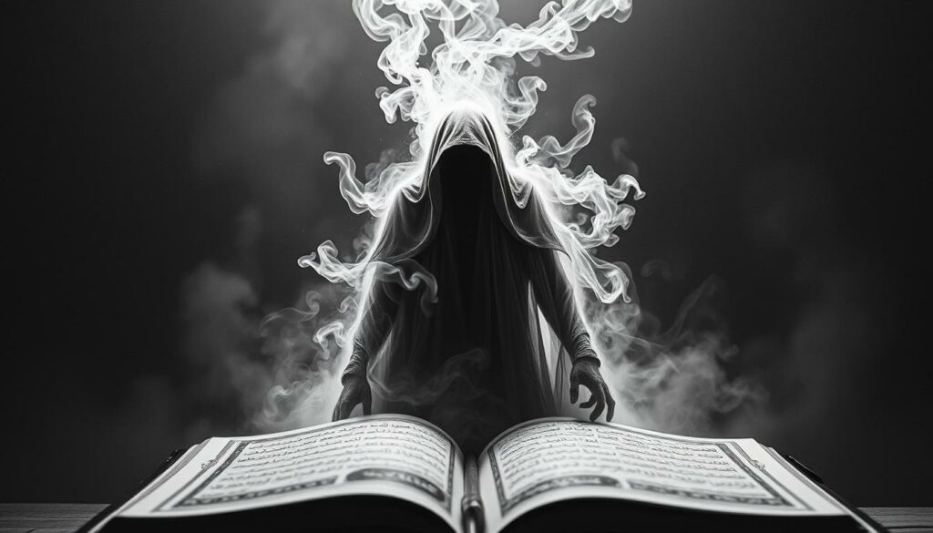 A mystic apparition emerges from the pages of the Quran, a Dschinn spirit manifesting in the form of a humanoid figure shrouded in ethereal wisps of smoke. Its features are obscured, yet a palpable sense of otherworldly power emanates from its form. The Dschinn hovers against a dimly lit, monochromatic background, punctuated by subtle flashes of color that evoke the rich tapestry of Islamic belief. The scene exudes an aura of mystery and the supernatural, capturing the essence of the Dschinn's presence within the Koranic tradition. Rendered in a striking black and white palette with selective colorful accents, the image conveys the solemn and mystical nature of this Islamic spiritual entity.