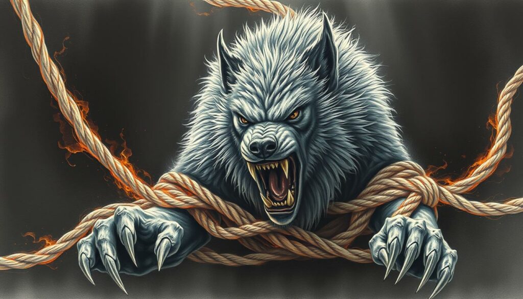 A mystical binding, Gleipnir, wraps around a massive, snarling wolf in a dimly lit, shadowy scene. The soft, graphite-like strokes capture the ominous atmosphere, with flashes of color highlighting the supernatural ropes that ensnare the beast. Fenrir, the feared wolf from Norse mythology, strains against his unyielding constraints, his piercing eyes and bared fangs conveying a sense of primal, restrained fury. The composition emphasizes the power struggle, the foreground dominated by the colossal creature, the background fading into inky darkness. Tension fills the air, a sense of impending doom as the gods attempt to subdue this fearsome, unnatural force.