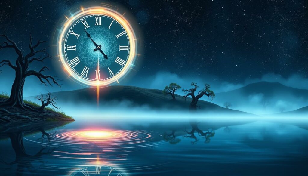 A mystical, dreamlike landscape reflecting the psychological impact of the 17:17 time. In the foreground, a serene, reflective pool of water with a glowing, ethereal clock face hovering above it, casting its enchanting light across the scene. In the middle ground, a rolling, mist-shrouded hillside dotted with ancient, gnarled trees, their branches reaching skyward. The background features a vast, starry night sky, the stars forming a mesmerizing celestial pattern. The overall atmosphere is one of tranquility, introspection and a sense of the profound, the clock's symbolic significance evoking a meditative, almost spiritual, response within the viewer.