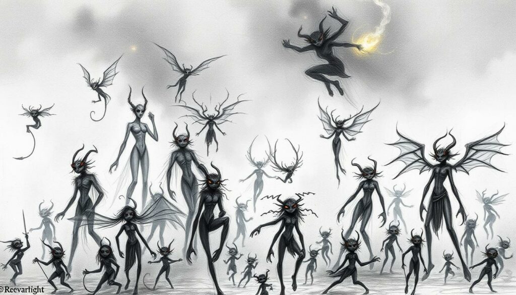 A mystical gathering of Jinn, the ethereal spirits of 1001 Nights, depicted in a moody, atmospheric sketch-like illustration. In the foreground, a diverse array of Jinn forms - some humanoid, others more fantastical - hover and drift, their features and expressions conveying a range of temperaments from benevolent to mischievous. The middle ground is shrouded in a hazy, dreamlike mist, while the background hints at the otherworldly realms from which these entities hail, with flickering flames, swirling vortices, and subtle pops of color amidst the graphite tones. The overall aesthetic evokes the mystery and wonder of these legendary creatures, drawn in a style that echoes the ancient traditions of the source material.