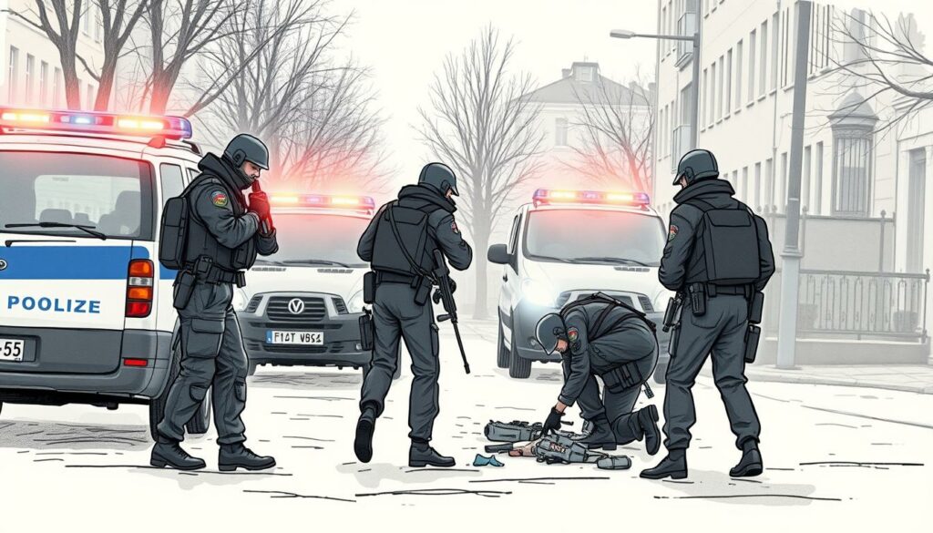 A police operation unfolds in the streets of Gelsenkirchen, with officers in crisp uniforms and tactical gear responding to a reported incident. The scene is rendered in a sketchy, hand-drawn style, with muted tones and subtle pops of color highlighting key details - the flashing lights of the police vehicles, the tension in the postures of the law enforcement personnel. The background is hazy, allowing the viewer's focus to remain on the central action, where the investigation is underway, the detectives meticulously combing the area for clues. An atmosphere of seriousness and determination pervades the image, setting the stage for the in-depth reporting on the criminal inquiry.