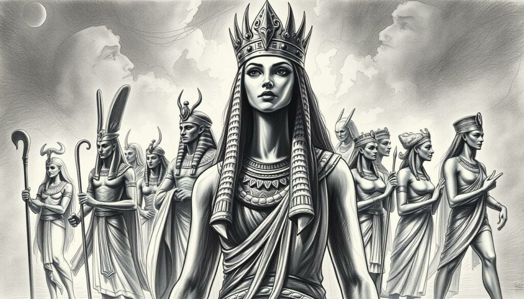 A richly detailed composition depicting the powerful goddess Isis, her regal form occupying the foreground. Surrounding her are delicate figures of other ancient Egyptian deities, each rendered in a distinct artistic style - some in bold, graphic lines, others in soft, gestural brushstrokes. The scene is bathed in a moody, atmospheric lighting, casting dramatic shadows and highlights that accentuate the mystical aura. The overall palette is predominantly monochromatic, with strategic pops of color - perhaps a brilliant azure robe or a glint of gold - drawing the eye to key symbolic elements. The composition is balanced and harmonious, inviting the viewer to ponder the interconnected nature of these ancient pantheons.