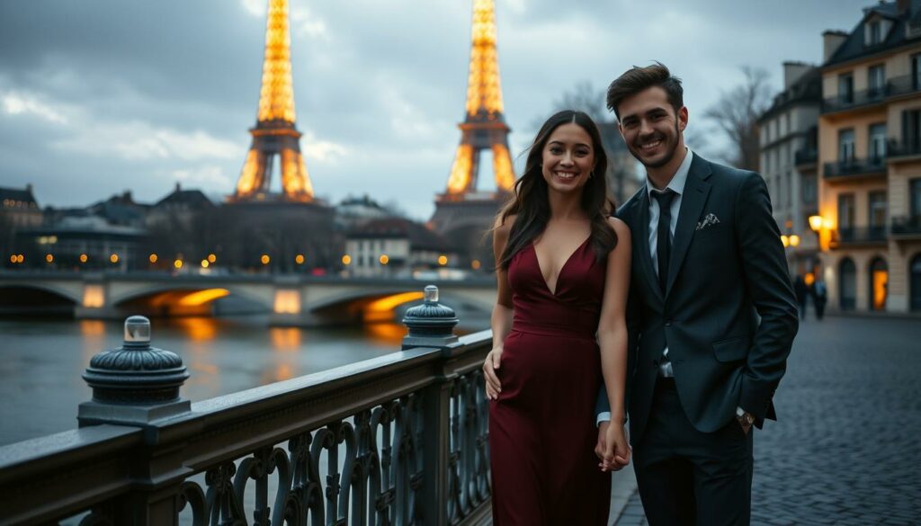 A romantic evening in the heart of Paris, the City of Love. In the foreground, a young couple - Anne and Gustav - standing hand-in-hand on a picturesque bridge overlooking the Seine. The woman's elegant burgundy dress and the man's charcoal suit create a timeless elegance, their faces glowing with joy and anticipation. The middle ground features the iconic Eiffel Tower, its soft golden lights casting a warm glow across the scene. In the background, the cobblestone streets and Parisian townhouses create a cozy, intimate atmosphere. Soft, diffused lighting illuminates the couple, highlighting their connection and the sense of a new chapter unfolding. The overall mood is one of enchantment, romance, and the promise of a bright future.
