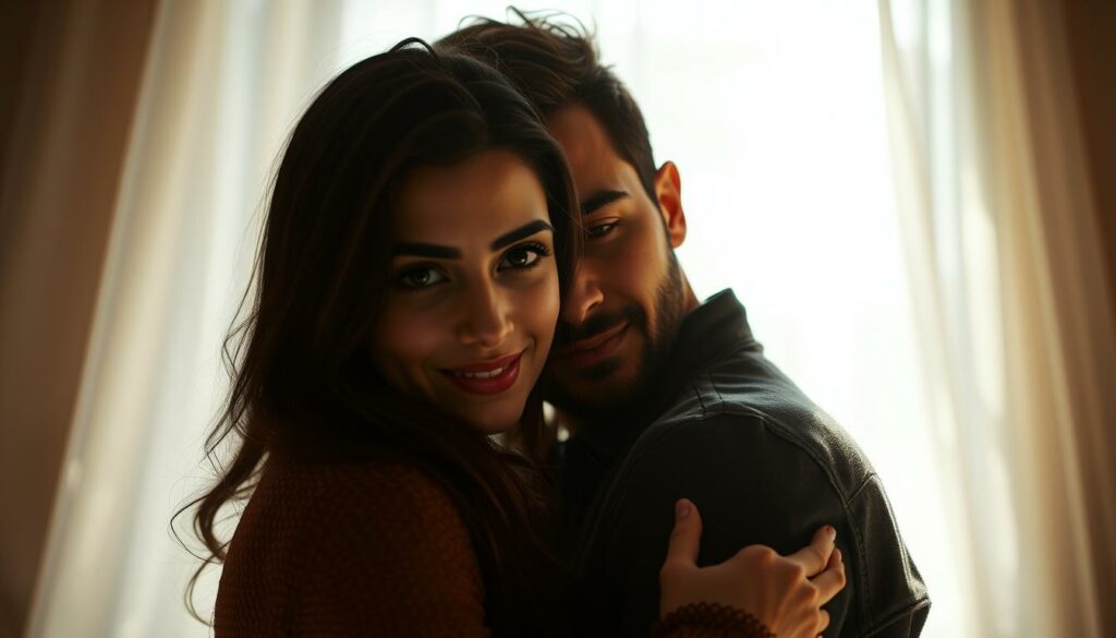 A romantic, intimate portrait of Christian Düren and Amira Aly, captured in a soft, diffused lighting that highlights their loving embrace. Amira's gaze is tender and affectionate, while Christian's expression conveys a sense of adoration and support. The couple is positioned in the foreground, with a blurred, dreamlike background that suggests a private, personal moment. The overall mood is one of warmth, vulnerability, and deep emotional connection, perfectly capturing the essence of their "Privatleben: Liebe und Unterstützung".