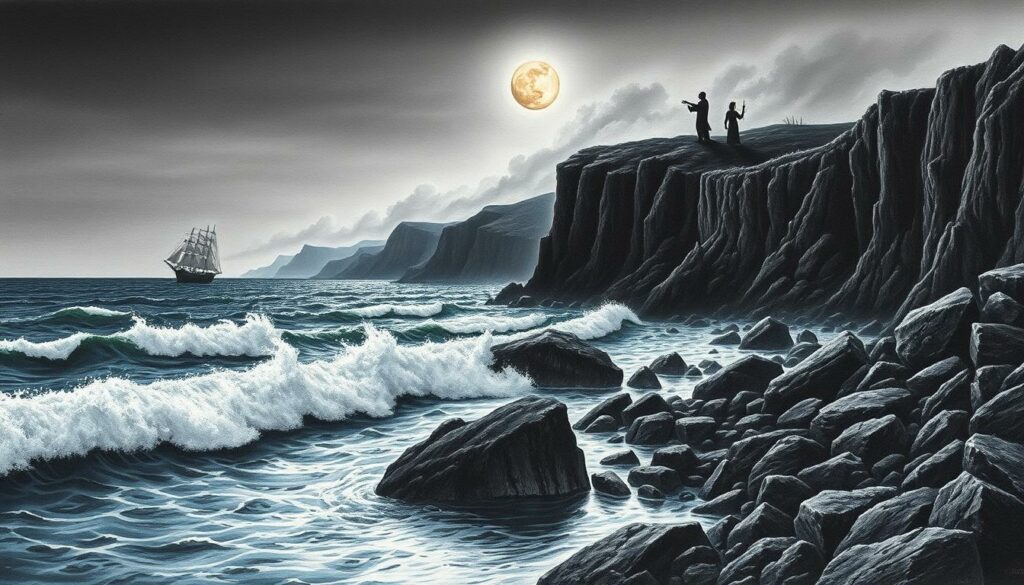 A rugged coastline at dusk, the rolling waves crashing against the rocky shore. In the distance, majestic cliffs loom, their silhouettes cast in a moody, chiaroscuro lighting. Atop the cliffs, the haunting figures of sirens emerge, their ethereal forms shrouded in a veil of mist and moonlight. Their beckoning song echoes across the vast expanse, luring the unsuspecting sailor towards the treacherous rocks below. The scene is rendered in a dramatic, black and white palette, with subtle touches of color - the azure blue of the sea, the warm glow of the moon, and the piercing red of the sirens' eyes, drawing the viewer's gaze to the heart of this legendary Odyssean adventure.