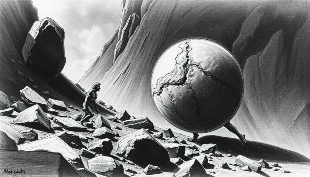 A rugged, rocky landscape, where the mythical figure of Sisyphus is eternally condemned to push a massive boulder up a steep hill, only to watch it roll back down again. The scene is rendered in a stark, monochromatic palette of graphite blacks and grays, with subtle flashes of color highlighting the Sisyphus' determined expression and the tension in his straining muscles. The lighting casts dramatic shadows, emphasizing the relentless nature of his punishment, while the angle of the shot conveys a sense of the overwhelming, insurmountable challenge he faces. The overall atmosphere is one of profound melancholy and the inescapable weight of his eternal toil.