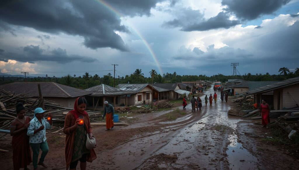 A rural village in the aftermath of a violent thunderstorm. In the foreground, residents gather to help their neighbors, clearing debris and offering aid. Muddy roads and damaged homes create a somber scene, contrasted by the warm glow of emergency lanterns and the compassionate expressions of the villagers. Ominous storm clouds still linger in the distant sky, while a rainbow emerges, symbolizing hope amidst the devastation. The image conveys the resilience and community spirit of the people of Drognitz as they come together to rebuild and support one another in the face of natural disaster.