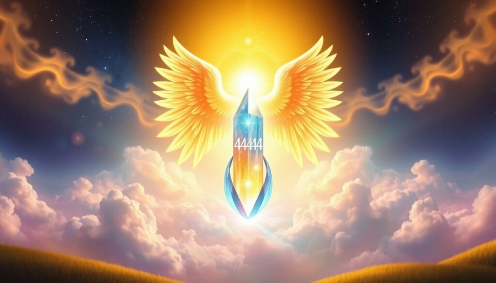 A serene and ethereal landscape with glowing celestial energy. In the foreground, a striking angelic figure appears, radiating a warm golden light that illuminates the scene. Their hands are raised in a gesture of intuitive wisdom, connecting the divine with the earthly realm. The middle ground features a mystical, crystalline structure representing the angelic number 4444, surrounded by swirling mists and soft, pastel-hued clouds. The background is a boundless, starry sky, hinting at the expansive, spiritual nature of the angelic message. The overall atmosphere is one of enlightenment, tranquility, and a deep connection to the intuitive guidance of the higher realms.