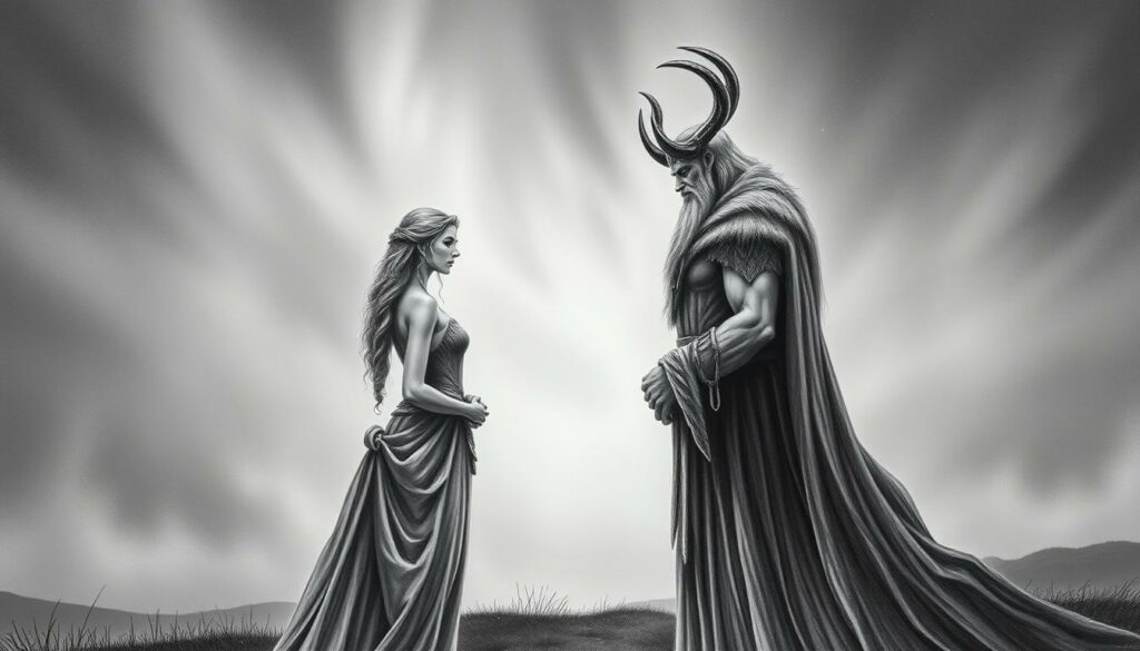 A serene and ethereal scene depicting the intimate relationship between Freya, the Norse goddess of love and beauty, and Odin, the allfather. In the foreground, Freya and Odin stand side by side, their figures rendered in delicate black and white with subtle pops of color - perhaps in the hues of the Northern Lights or the shimmering glow of their divine auras. Their gaze is locked, conveying a profound connection and understanding. The background is a dreamlike landscape, where the muted tones of the sky and the earth blend seamlessly, creating a sense of timelessness and otherworldliness. The composition is balanced and harmonious, reflecting the nuanced and multifaceted nature of their relationship.