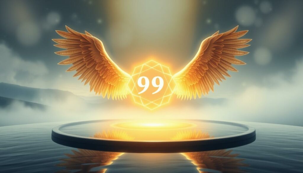 A serene and ethereal scene depicting the symbolic representation of the angel number 999. In the foreground, a glowing, golden mandala-like symbol hovers above a tranquil, reflective pool, its radiant light casting a warm glow across the scene. In the middle ground, a pair of angelic wings, rendered in intricate, feathered detail, emerge from the sides, framing the central symbol. The background is shrouded in a soft, misty atmosphere, with hints of a celestial landscape in the distance, evoking a sense of spiritual transcendence. The lighting is soft and diffused, creating a contemplative and uplifting mood. Captured with a wide-angle lens to emphasize the expansive, otherworldly nature of the scene.