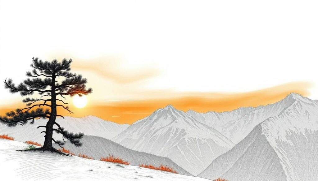 A serene, autumnal mountainscape in the Tyrolean Alps, the Alpenglühen Sage emerges. In the foreground, a lone, gnarled pine tree stands silhouetted against a glowing orange sky, its branches casting dramatic shadows. The middle ground reveals a rolling, snow-capped peaks, their rocky faces streaked with shades of grey and black. The background fades into a hazy, blue-grey mist, hinting at the vastness of the alpine landscape. The scene is rendered in a muted, pencil-sketched style, with only the warm tones of the sky and the occasional pops of color - a dusting of red leaves, a touch of green moss - breaking the monochrome palette. The overall mood is one of quiet contemplation, inviting the viewer to bask in the timeless, ethereal beauty of the Alpenglühen Sage.