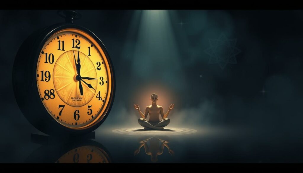 A serene, dimly lit scene depicting the symbolic meaning of "18:18" - the hour of spiritual awakening and divine connection. In the foreground, a mystical clock face with hands pointing precisely to 18:18, illuminated by a soft, golden glow. The middle ground features a tranquil, meditative figure sitting in a lotus position, palms upturned in a posture of receptivity. The background is shrouded in a hazy, otherworldly atmosphere, with subtle celestial elements like stars or spiritual symbols. The overall mood is one of introspection, harmony, and a sense of the sacred. Rendered with a cinematic, atmospheric lighting and a high level of detail to capture the profound significance of this symbolic time.