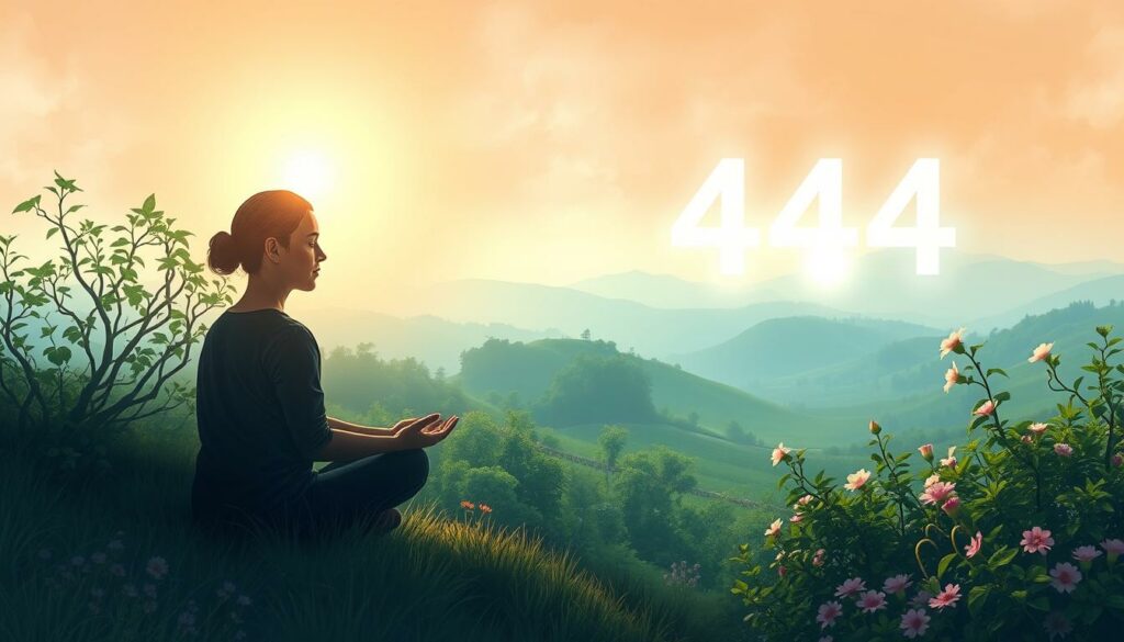 A serene, dreamlike landscape with a central figure representing personal growth. In the foreground, a person in a meditative pose, surrounded by a soft, warm light emanating from behind. The figure's face is illuminated, suggesting a sense of inner peace and enlightenment. In the middle ground, a lush, verdant garden with blooming flowers and vines, symbolizing the flourishing of the self. In the background, a hazy, ethereal sky with wispy clouds and a faint, angelic number "4444" shimmering in the distance, representing the divine guidance and significance of this numerical sequence. The overall composition conveys a harmonious and introspective atmosphere, inviting the viewer to reflect on their own personal growth and spiritual connection.