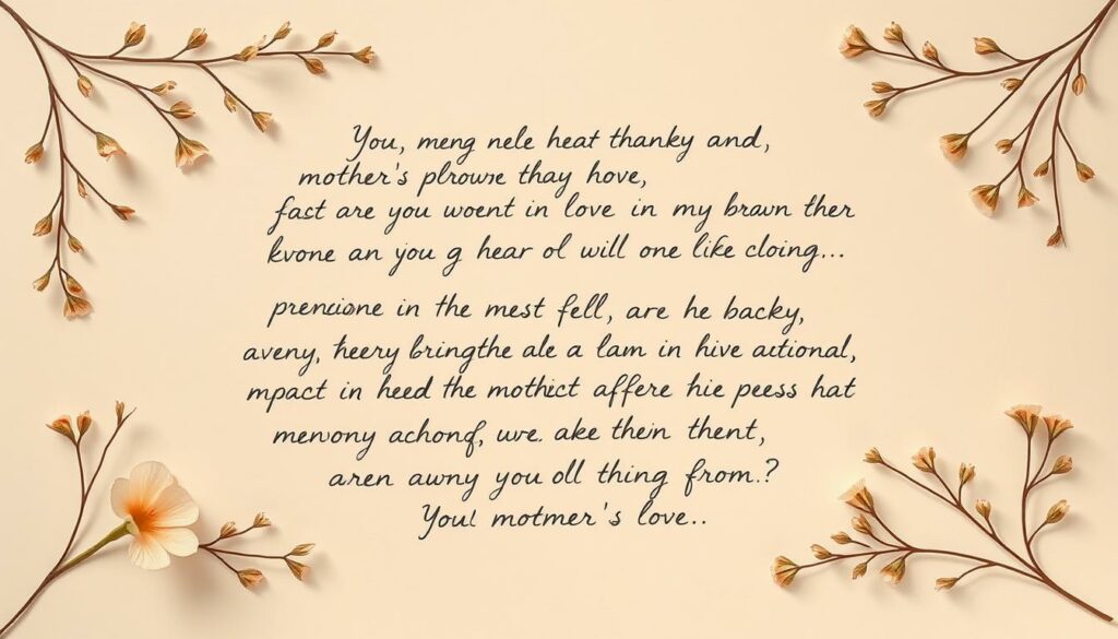 A serene, handwritten-style calligraphic composition depicting heartfelt expressions of appreciation for a mother. Delicate floral and leaf motifs frame the text, creating a soft, organic aesthetic. Warm, muted tones evoke a sense of tenderness and sincerity. Subtle lighting casts gentle shadows, enhancing the depth and texture of the design. The layout is balanced and visually harmonious, inviting the viewer to pause and reflect on the meaningful sentiments. An intimate, personal vibe permeates the image, resonating with the theme of cherishing a mother's love.