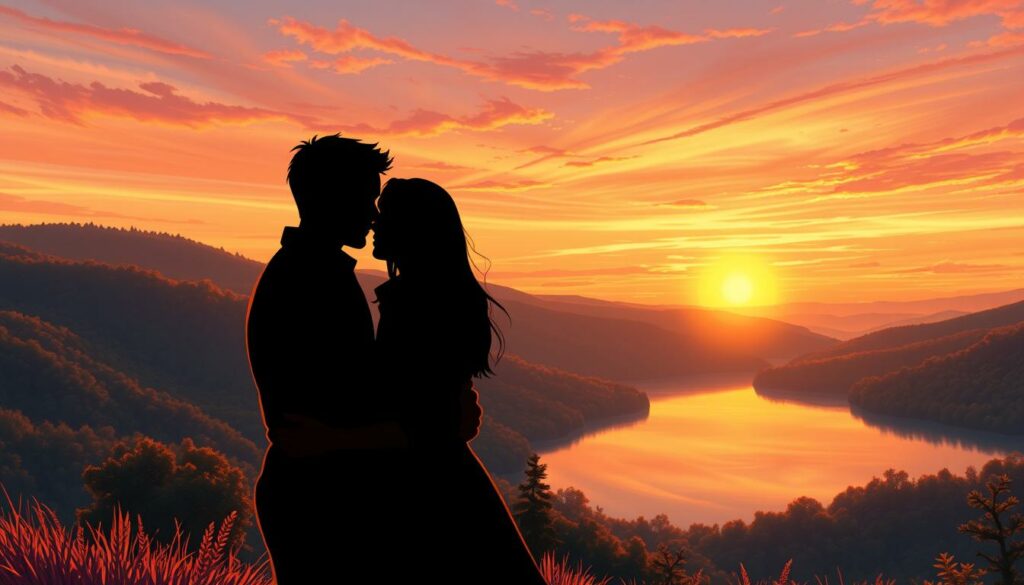 A serene love scene at 11:11, bathed in warm, golden hour lighting. In the foreground, two intertwined silhouettes gaze lovingly at each other, their embrace conveying the deep emotional connection between them. The middle ground features a picturesque landscape, with rolling hills, lush foliage, and a tranquil lake reflecting the dusky sky. The background showcases a breathtaking sunset, its vibrant hues of orange, pink, and purple painting the scene with a romantic, dreamlike atmosphere. The entire composition is imbued with a sense of harmony, intimacy, and the profound significance of the 11:11 moment in the context of love and relationships.