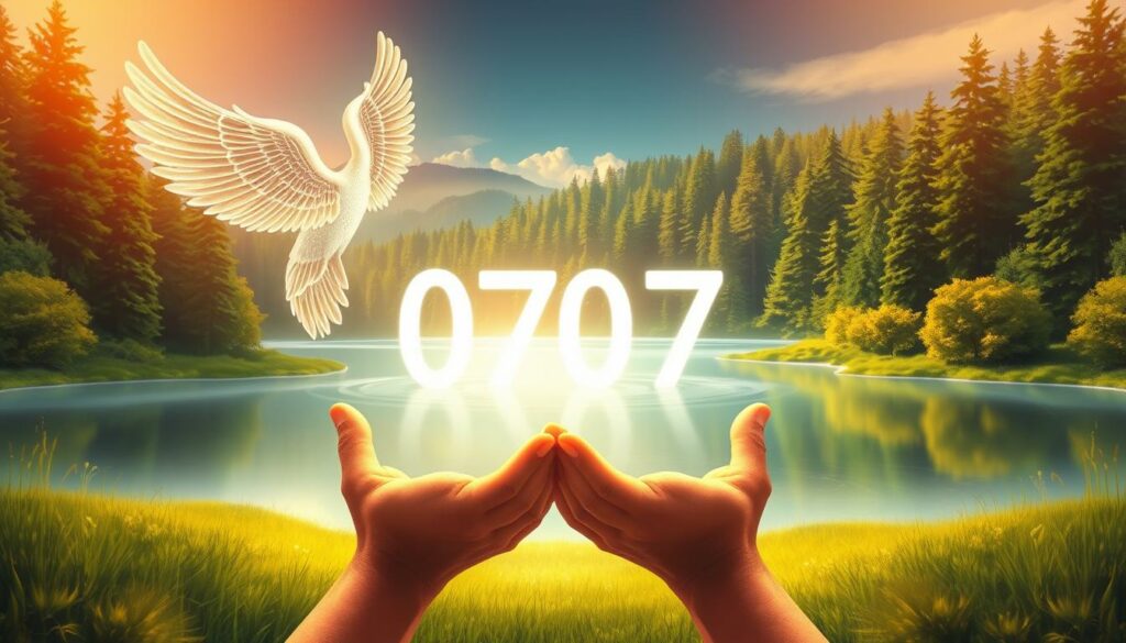 A serene, meditative landscape illuminated by a warm, golden glow. In the foreground, a pair of hands gently holding a glowing 0707 numerical symbol, symbolizing the angelic connection and divine guidance. The middle ground features a tranquil pond or lake, its surface reflecting the celestial energy. In the background, a lush, verdant forest with towering trees and a hint of a cloudless sky. The overall atmosphere is one of calm, spiritual contemplation and a sense of alignment with the divine. Soft, diffused lighting casts a peaceful, ethereal ambiance over the entire scene.