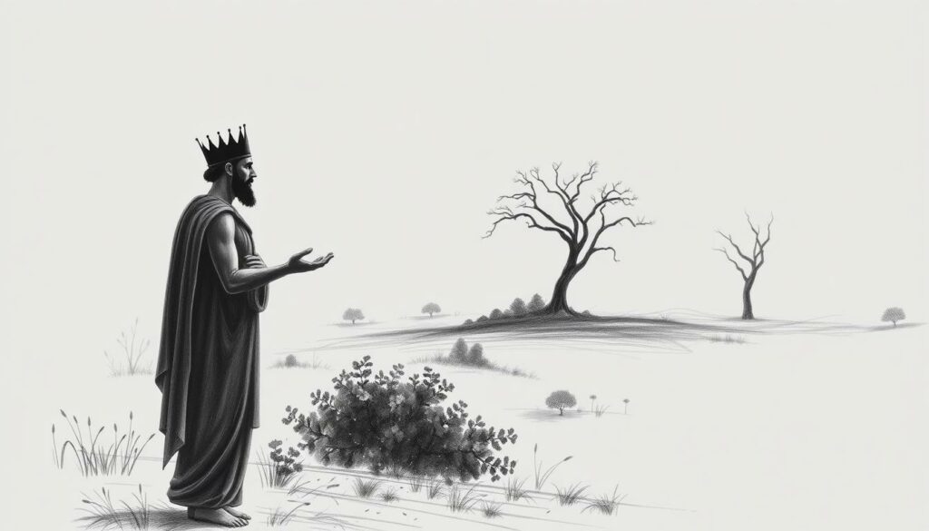 A serene, monochromatic scene depicting the moral teachings of the Midas myth. In the foreground, a lone figure of King Midas stands in contemplation, his hands outstretched as if grasping for the golden touch that once brought him ruin. The middle ground features a lush, overgrown landscape, hinting at the natural abundance that Midas so carelessly disregarded. In the background, a solitary tree stands bare, a stark reminder of the consequences of greed and excess. The image is rendered in a muted palette of graphite blacks and grays, with subtle splashes of color accentuating key elements, guiding the viewer's focus to the moral lessons at the heart of this iconic tale.