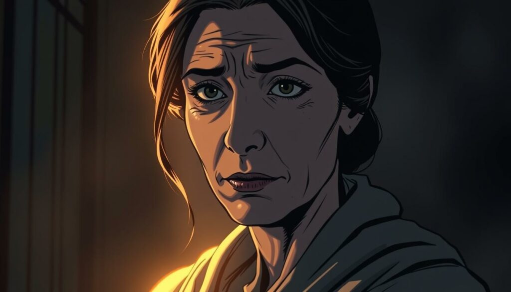 A serene mother figure stands in a dimly lit room, her eyes filled with a mix of sorrow and resilience. Soft, muted lighting casts a warm glow, creating an intimate, emotional atmosphere. The mother's face, framed by a gentle expression, conveys a depth of understanding and a quiet strength that transcends the challenges of difficult times. The background is hazy, with soft, blurred details that allow the viewer to focus on the mother's compassionate presence. The overall composition evokes a sense of solace and the comforting embrace of a mother's love, even in the face of life's hardships.