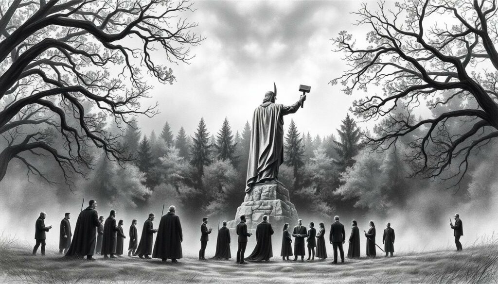 A serene outdoor scene depicting the modern veneration of Thor, the Nordic god of thunder. In the foreground, a group of worshippers gather around a towering statue of Thor, his hammer Mjolnir firmly grasped in his outstretched hand. The figures are rendered in stark black and white, with subtle pops of color in their ritual garments and offerings. The middle ground features a lush, forested landscape, the trees' intricate branches and leaves providing a natural backdrop. In the distance, stormy clouds gather, hinting at Thor's divine power. The entire composition is captured in a moody, charcoal-like aesthetic, conveying a sense of reverence and timelessness.