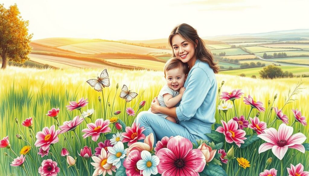 A serene, sun-dappled meadow with a mother and child seated at the center, surrounded by a lush floral arrangement of vibrant blooms in shades of pink, red, and white. The mother tenderly embraces her child, their expressions radiating love and contentment. In the background, a picturesque countryside landscape unfolds, with rolling hills and a distant horizon bathed in warm, golden light. The scene evokes a sense of cherished family traditions, gratitude, and the enduring bond between a mother and her child, capturing the essence of the Muttertag celebration.