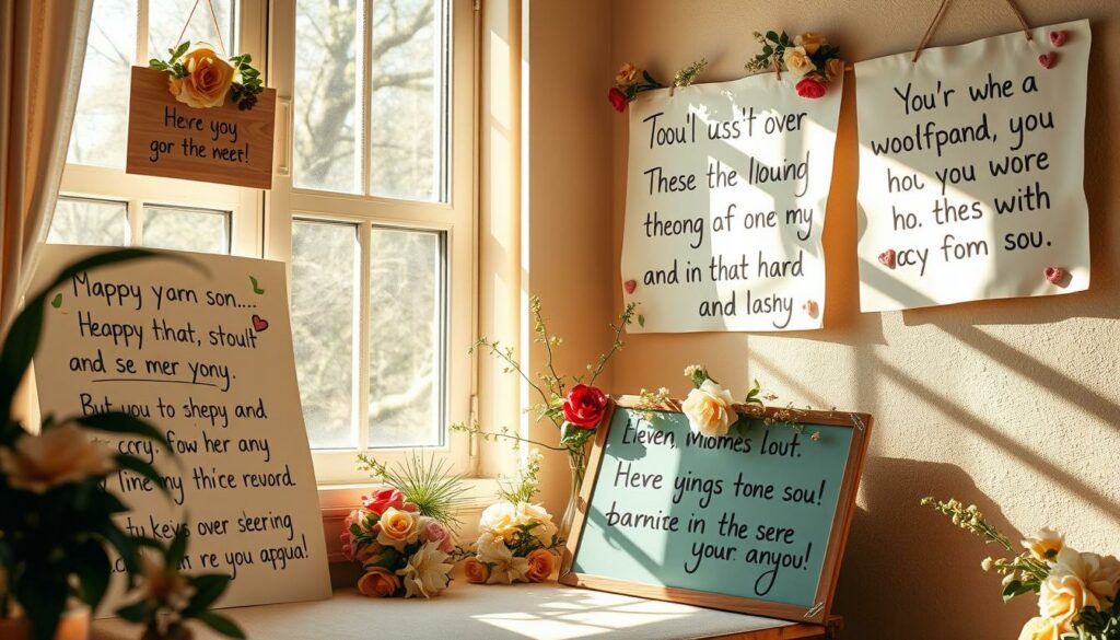 A serene, sunlit scene of heartfelt handwritten signs and banners, adorned with delicate floral accents, arranged in a cozy, intimate setting. Soft, natural lighting filters through a window, casting a warm, inviting glow. The signs feature inspirational messages and well-wishes, reflecting the joy and pride of important life events like birthdays and graduations. The overall atmosphere exudes a sense of love, celebration, and cherished moments between a mother and her son.