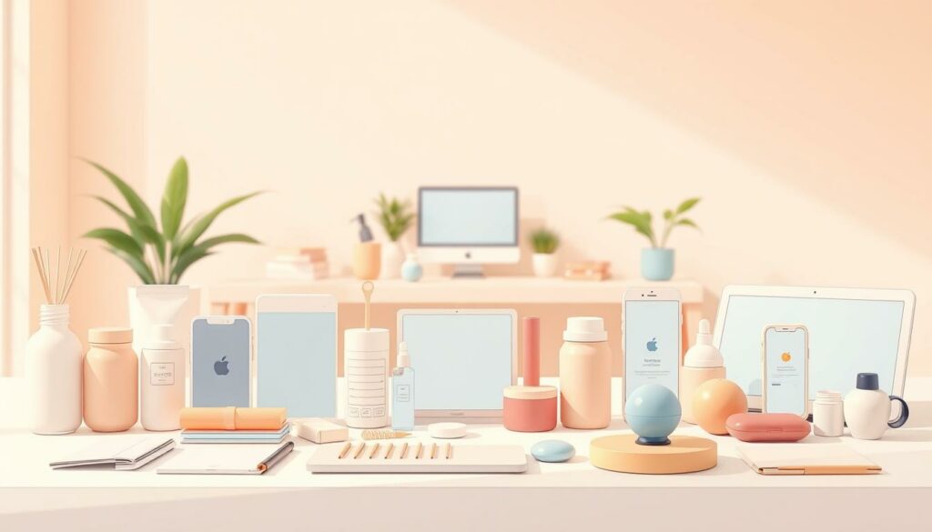 A serene yet vibrant scene of products and services in a modern, minimalist setting. In the foreground, an array of neatly arranged lifestyle items and self-care tools, their sleek designs and calming colors evoking a sense of balance and intentionality. The middle ground features a selection of digital devices and productivity apps, their interfaces displayed in a clean, intuitive manner. In the background, a softly lit workspace with natural elements like plants and natural lighting, creating a peaceful and focused atmosphere. The overall composition conveys a harmonious blend of physical and digital tools, designed to support and enhance the 17:17 strategy. Lighting is warm and diffused, with a subtle depth of field to draw the viewer's eye. The scene exudes a sense of simplicity, functionality, and mindfulness.