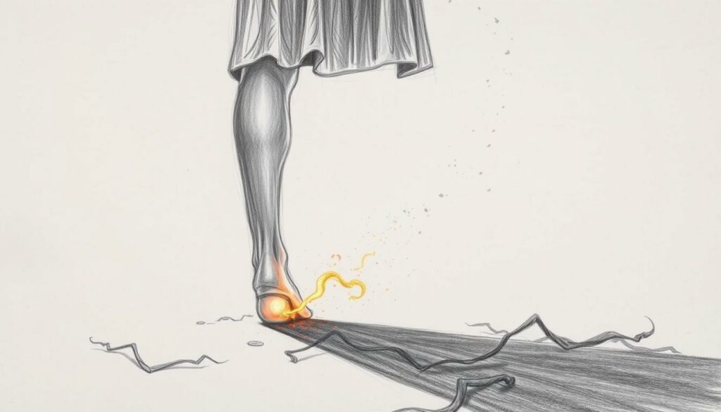 A solitary figure stands, his heel illuminated by a beam of ethereal light. Shadowy tendrils creep along the ground, hinting at the mythical Achilles' vulnerability. Soft pencil strokes capture the hero's strength, while subtle splashes of color draw the eye to his legendary Achilles' heel. The scene exudes a sense of foreboding, inviting the viewer to unravel the mysteries of this tragic flaw. Dramatic angles and moody lighting heighten the dramatic tension, as if the very fabric of the image trembles with the weight of Achilles' fate.