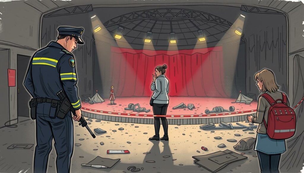 A somber investigation scene unfolds, as authorities gather evidence and provide support for those affected by the tragic circus accident. The foreground depicts a police officer meticulously examining the scene, while in the middle ground, a social worker comforts a distraught witness. The background showcases the remains of the performance area, with a somber atmosphere conveyed through the use of muted tones and a sense of stillness. The image is rendered in a hand-drawn, illustrative style, with strategic pops of color to draw the viewer's eye and evoke the gravity of the situation.