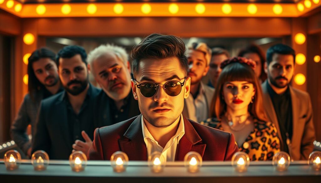 A sophisticated group portrait of the eccentric housemates set to join Achim Petry on "Promi Big Brother". The scene is bathed in warm, cinematic lighting, capturing the diverse personalities with a touch of high-contrast drama. In the foreground, the main subjects are positioned with an air of anticipation, their expressive faces and stylized outfits hinting at the clash of egos and colorful dynamics to come. The middle ground features a subtle blur of additional housemates, their silhouettes and gestures adding depth and a sense of energy to the composition. The background is subtly blurred, suggesting the confines of the iconic "Big Brother" house, heightening the sense of claustrophobia and intensity. The overall tone is one of intrigue, eccentricity, and the promise of high-stakes reality television.