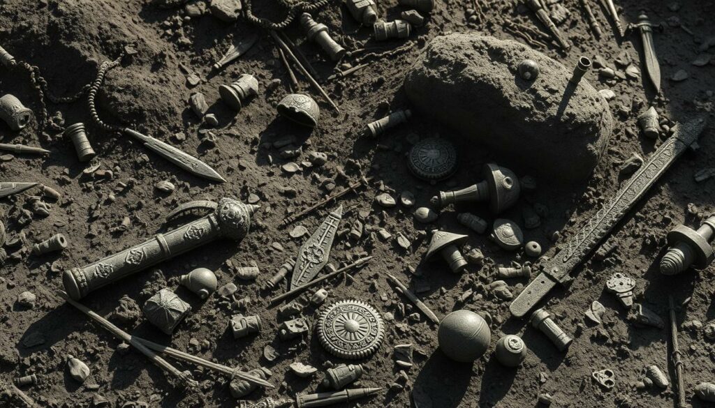 A sprawling Viking archaeological site, where remnants of a bygone era lie buried. Gently unearthed, ancient relics emerge from the soil - ornately decorated weapons, intricate jewelry, and fragmentary burial goods. The scene is rendered in a muted, black and white palette, with subtle flashes of color highlighting the most captivating details. Soft, directional lighting casts dramatic shadows, evoking a sense of reverence and mystery. The composition balances the natural, weathered textures of the earth with the sharp, geometric forms of the artifacts, inviting the viewer to closely examine these tangible links to Ragnar Lodbrok's world.