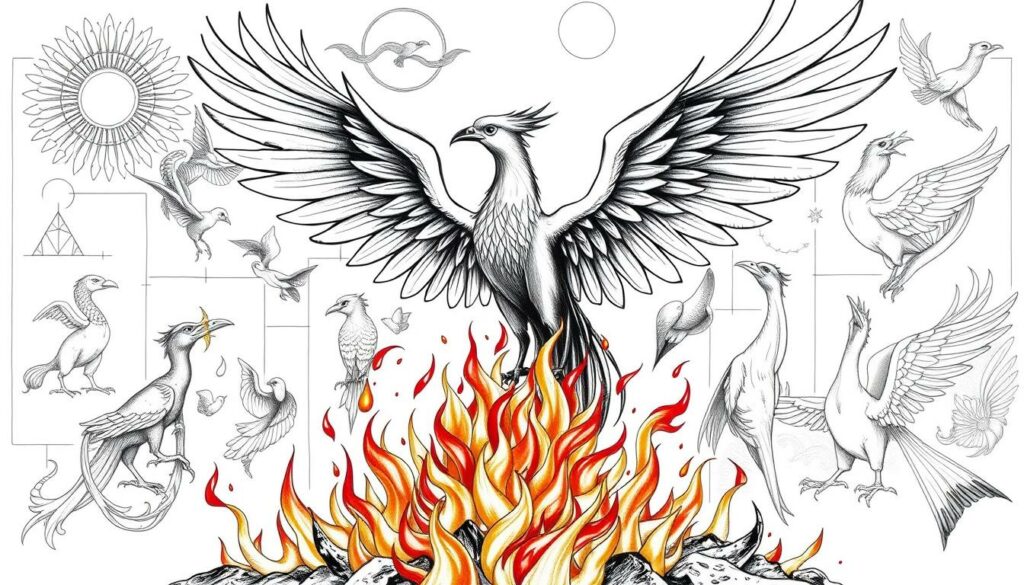 A stunning black and white illustration depicting the symbolic imagery of the phoenix in art. In the foreground, a majestic phoenix rises from a bed of vibrant, colorful flames, its wings outstretched in a powerful display of rebirth and renewal. The mid-ground features various artistic depictions of the phoenix, including intricate line drawings, expressive brush strokes, and delicate pencil sketches, all showcasing the diverse ways the mythical creature has been represented throughout history. The background is a series of geometric patterns and abstract shapes, adding depth and visual interest to the composition. Subtle pops of color, such as fiery reds and golds, accent the predominantly monochromatic palette, creating a striking and visually captivating image that captures the essence of the phoenix's symbolic significance.